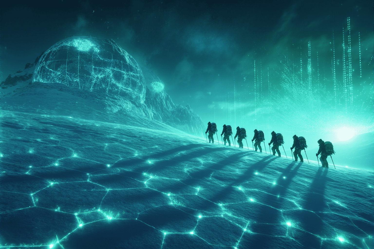 explorers climbing icy mountain at night